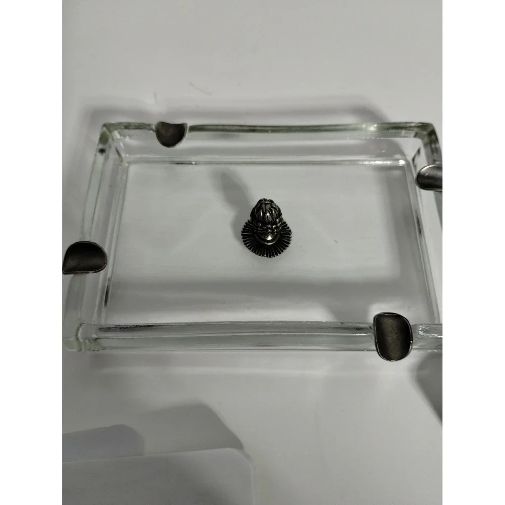 Vintage Glass Ashtray‎ w Metal Cigarette Rests & Acorn Finial Mid Century